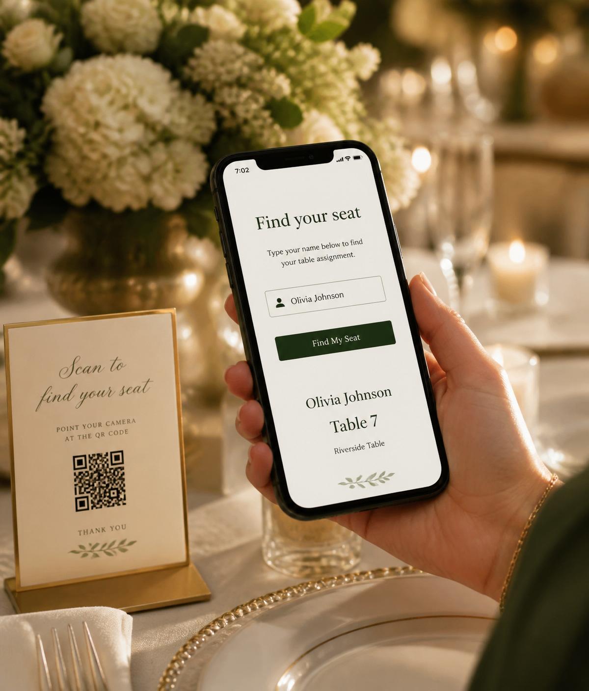 Wedding guest using the QR code seating lookup on a phone next to a scan-to-find-your-seat card